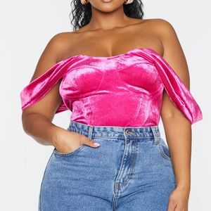 Pretty Little Thing Fuchsia Bardot Velvet Corset Crop Top